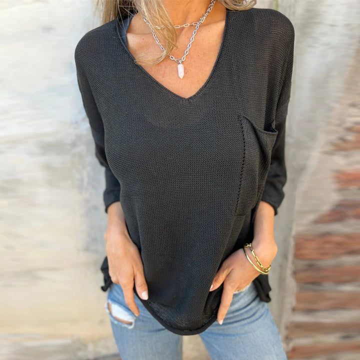 V-neck Long-Sleeve Pocketed Casual Knit Sweater