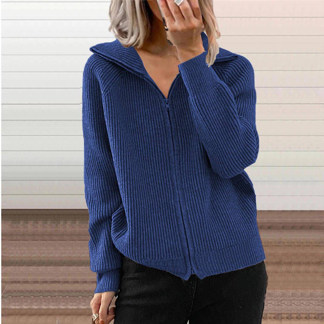 Zipper-Front Cardigan with Collar Knit Sweater