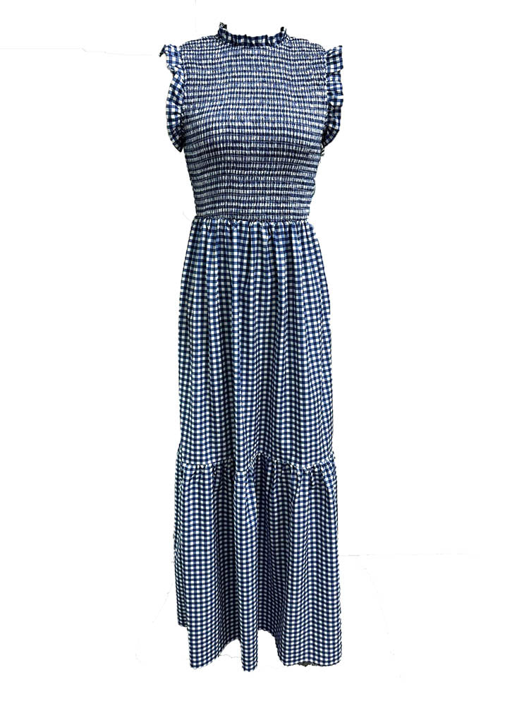 Ruffle Sleeves Gingham Maxi Dress Blue / 2XL