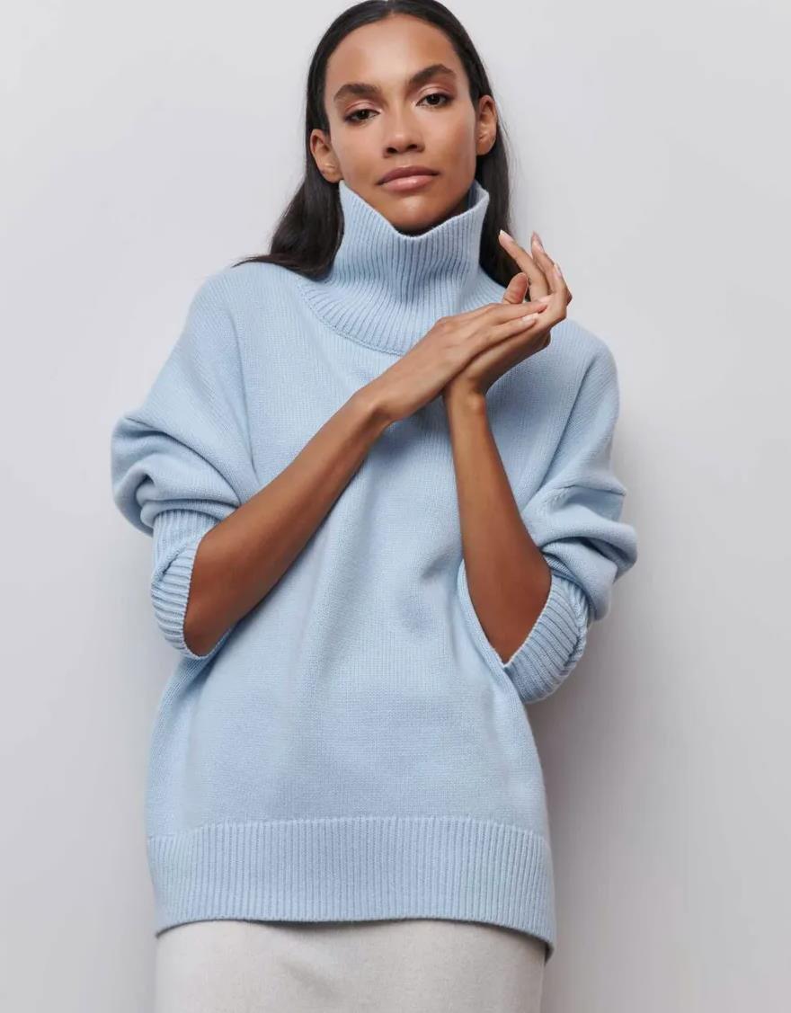 High-Neck Sweater Oversized Solid-Color Knit Cardigan