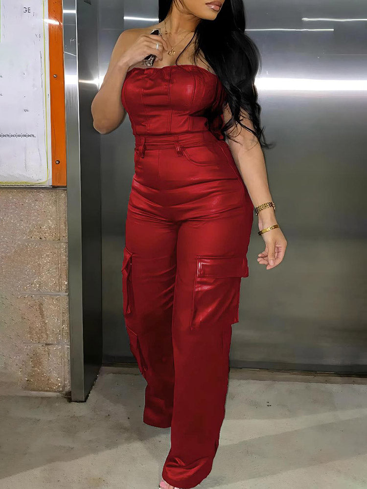 Leather Tube Cargo Jumpsuit Coffee / S