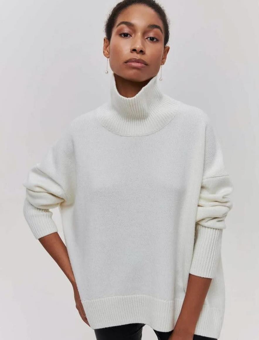 High-Neck Sweater Oversized Solid-Color Knit Cardigan