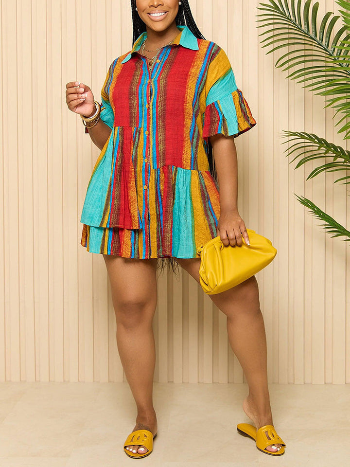 Color Block Ruffle Shirt Dress Multicolor / S