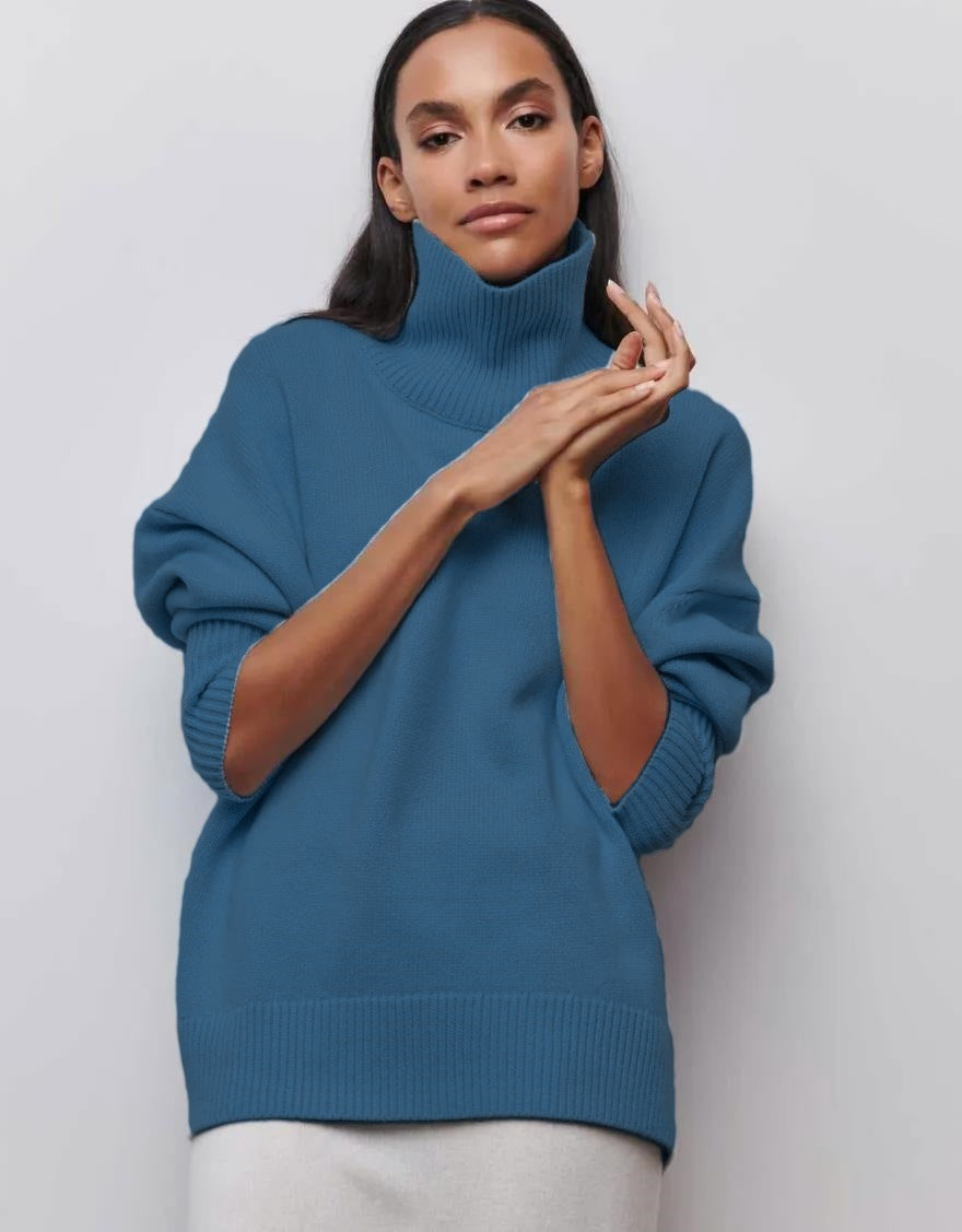 High-Neck Sweater Oversized Solid-Color Knit Cardigan