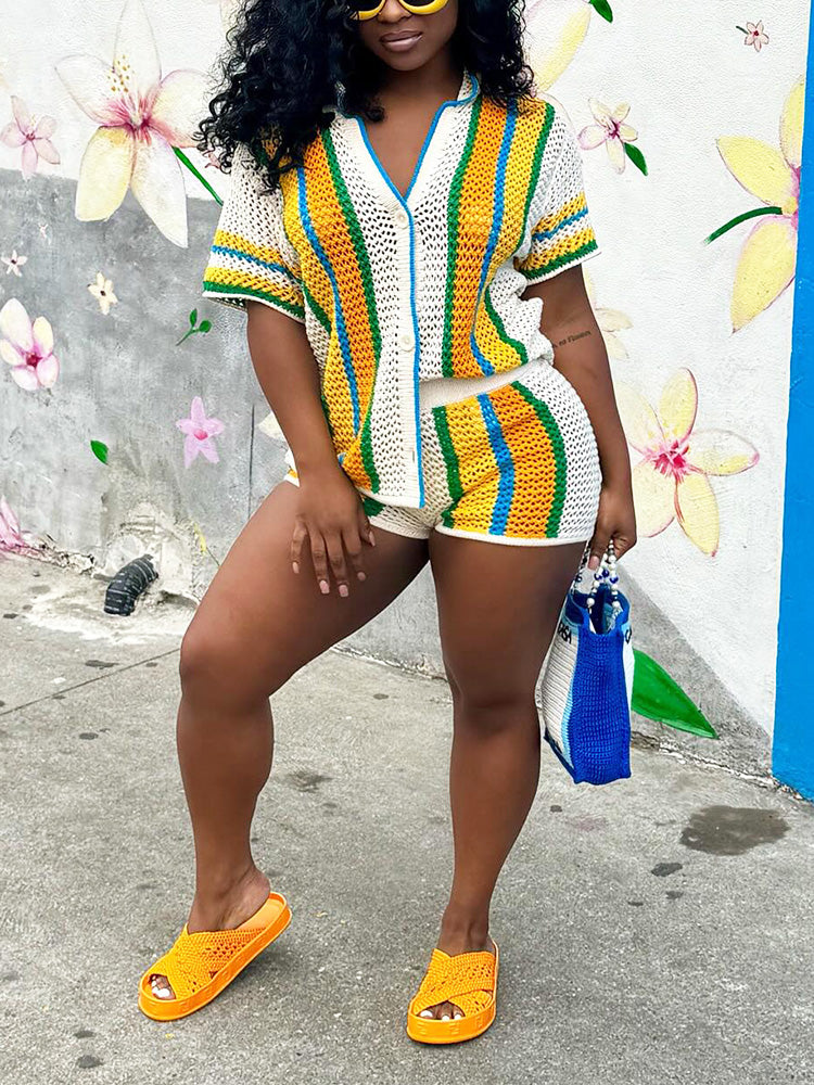 Colorblock Crochet Shorts Set Yellow / S