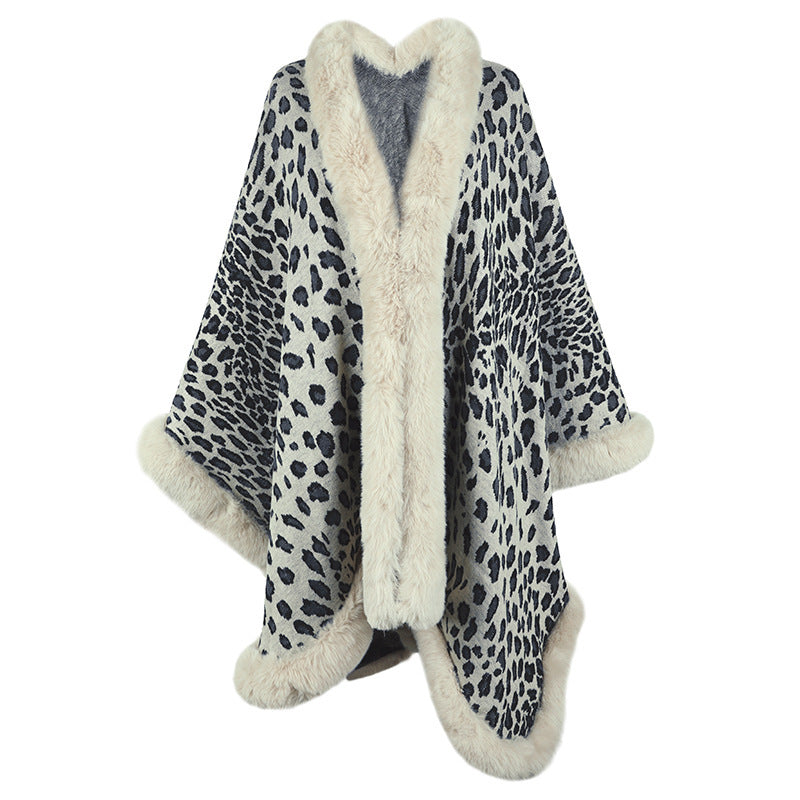 Leopard-Print Faux Fur Collar Cape Cardigan Shawl Sweater