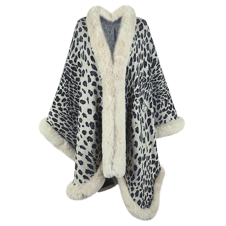 Leopard-Print Faux Fur Collar Cape Cardigan Shawl Sweater