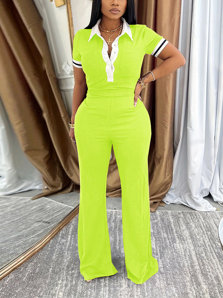 Classy Polo Crop Top & Wide Pants Set Pink / S