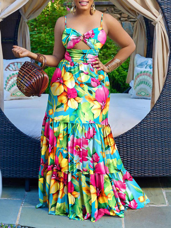 Print Cutout Spaghetti Strap Dresses Yellow / 2XL