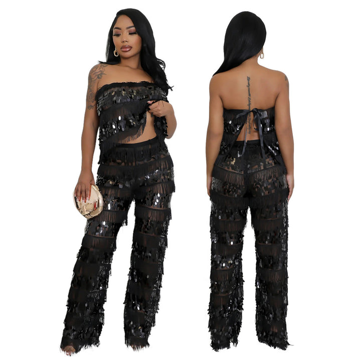 Strapless Top Paired With Loose-fitting Pants Two-piece Set