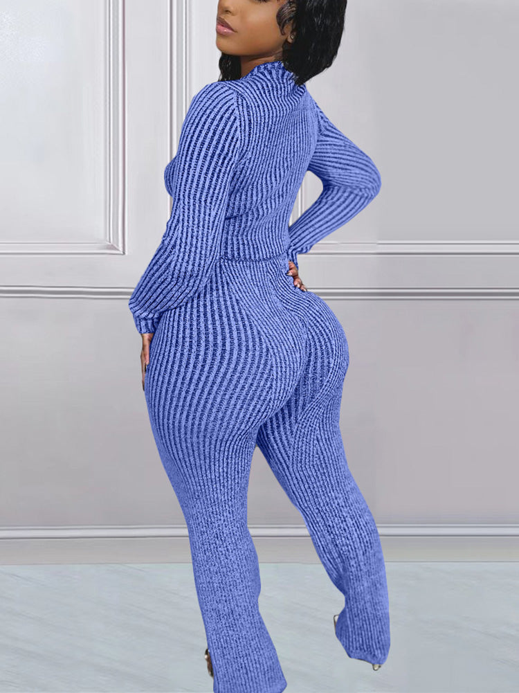 Knit Zipper Crop Top Slim Pants Set *Blue / M