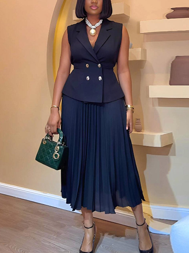 Sleeveless Blazer Pleated Maxi Skirt Set Black / S