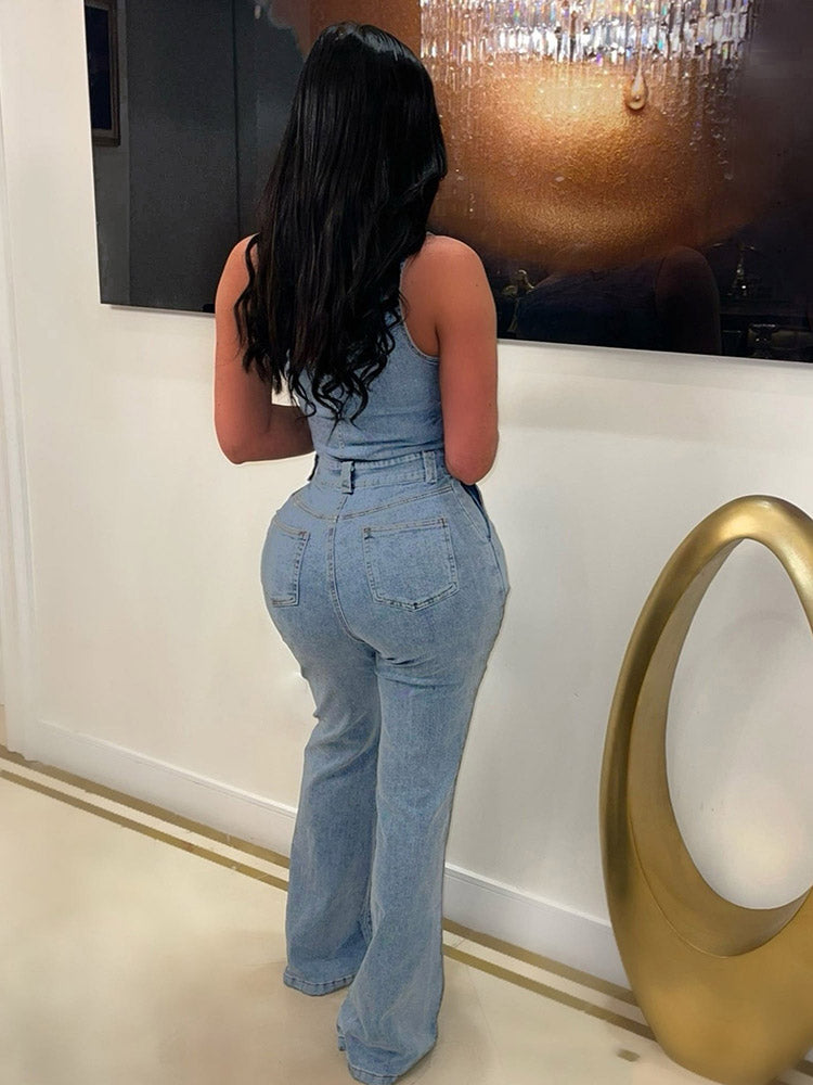 One Shoulder Denim Jumpsuit Blue / M