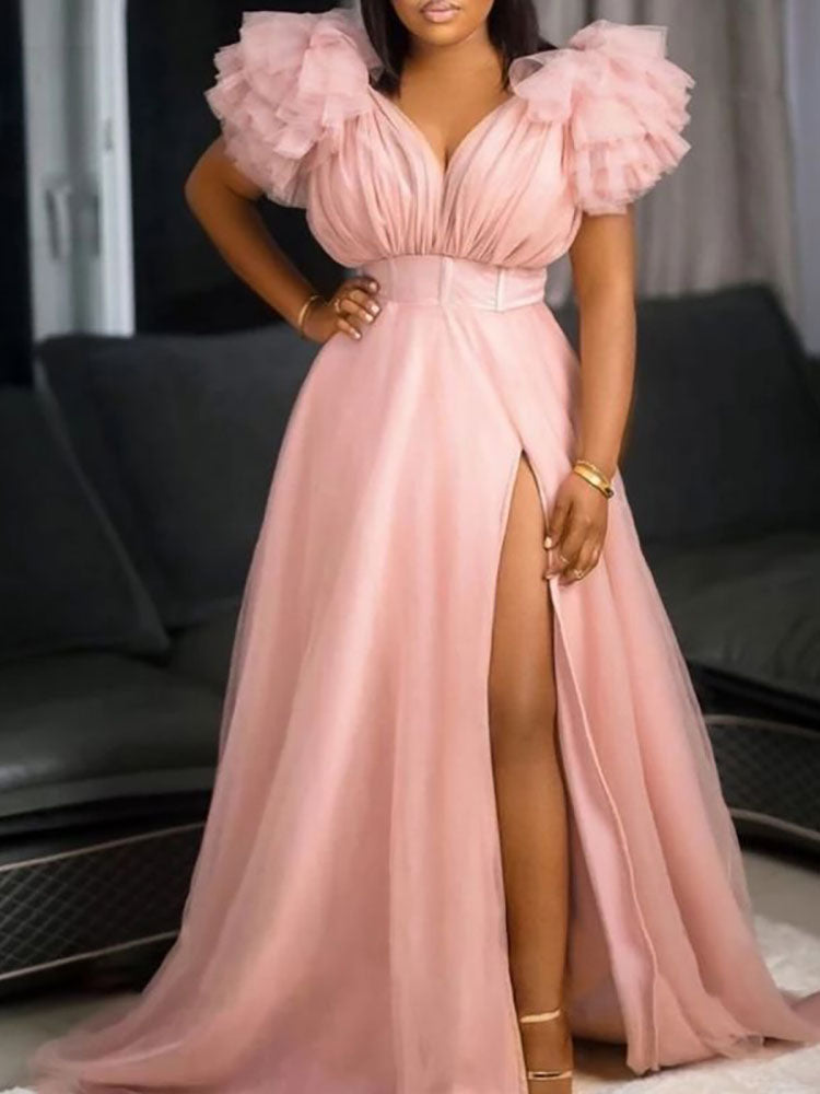 Tulle Ruffle Maxi Dress Nude Pink / L