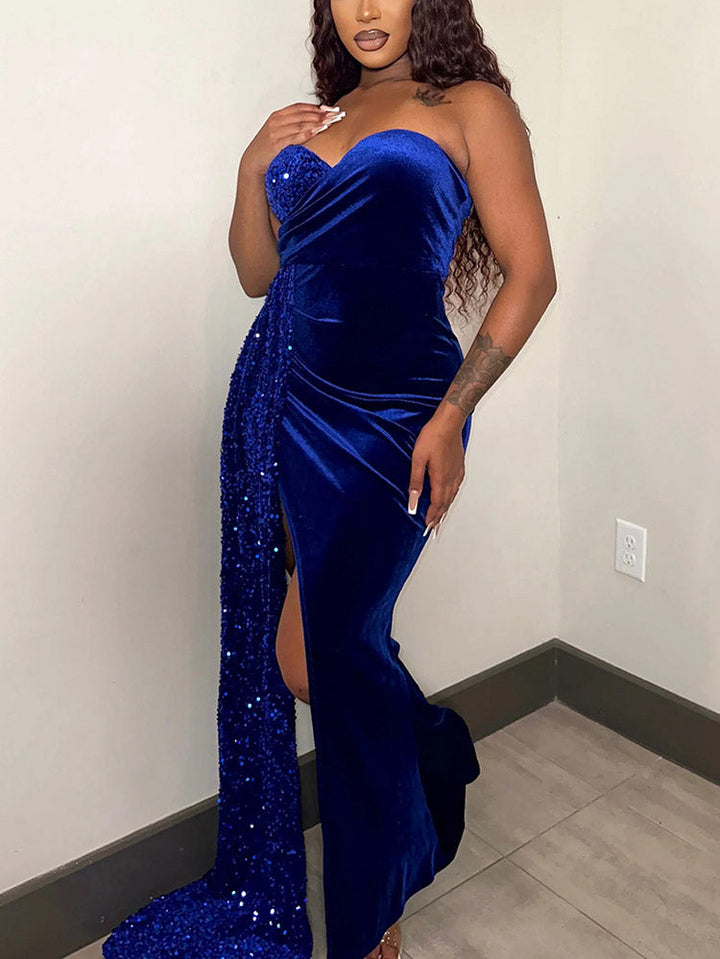 Sequin Velvet Draped Gown Dress Navy / M