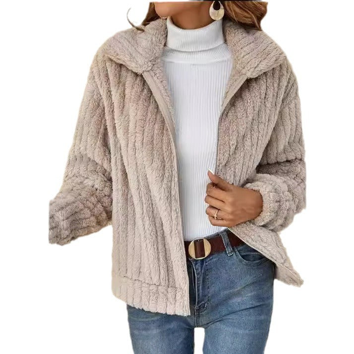 Short-Length Fleece Cardigan with Lapel Collar