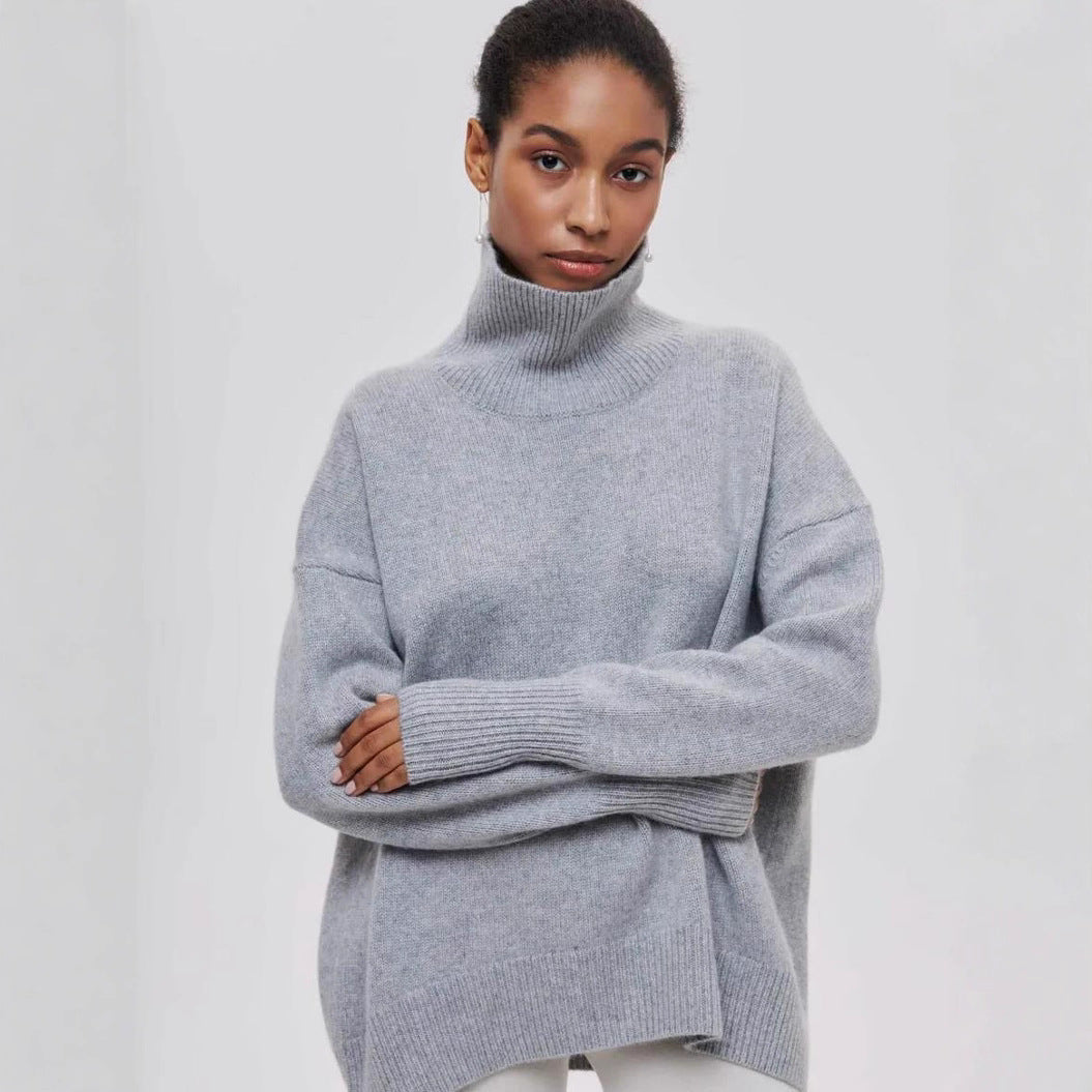 High-Neck Sweater Oversized Solid-Color Knit Cardigan