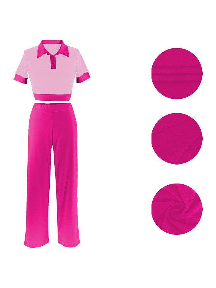 Contrast Crop Top & Pants Set Rose / L