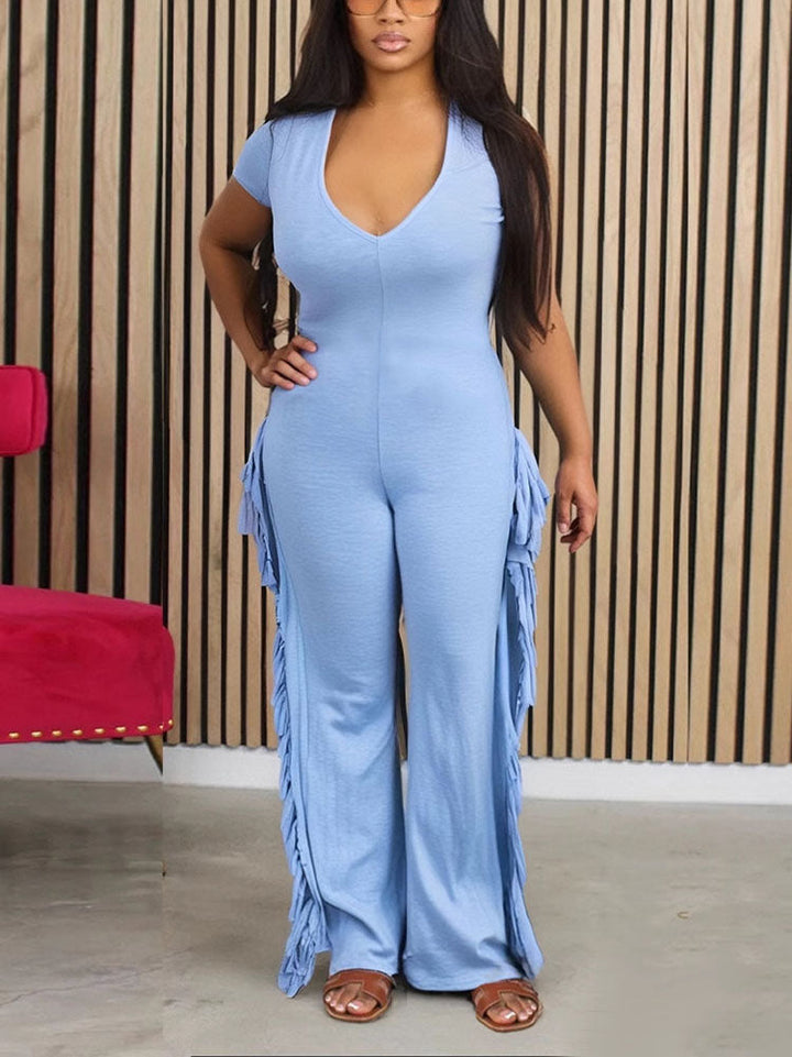 Cotton Fringe Flare Jumpsuit Blue / S