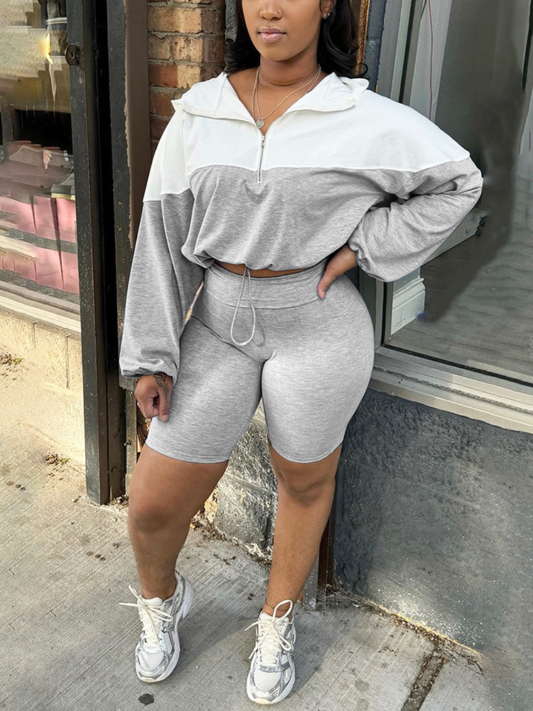 Half Zip Hoodie & Biker Shorts Set Light Gray / S