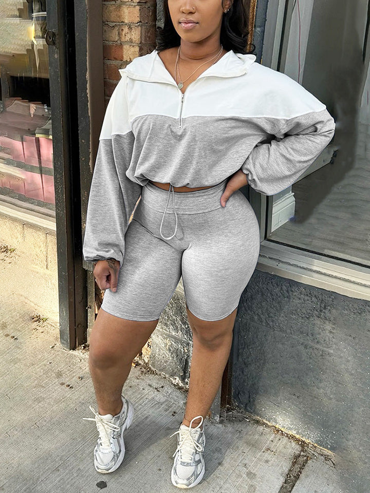 Half Zip Hoodie & Biker Shorts Set Light Gray / S