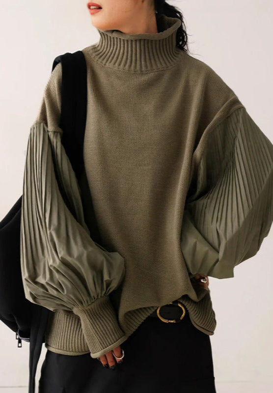 High-Neck Patchwork Pleated Sleeve Solid-Color Knit Sweater