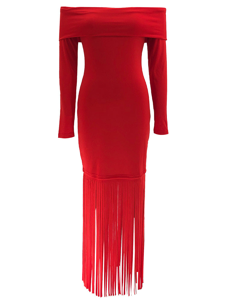 Off Shoulder Fringe Dress Red / L