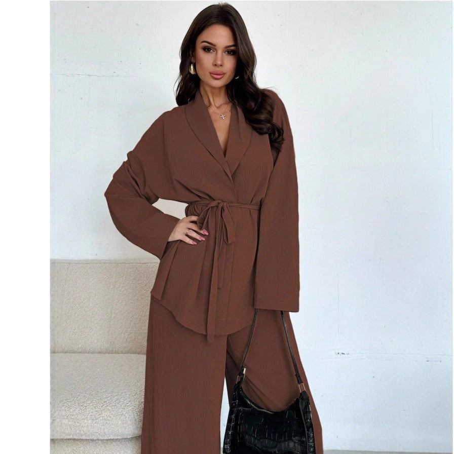 V-neck Elegant Long-Sleeve Wide-Leg Pantsuit