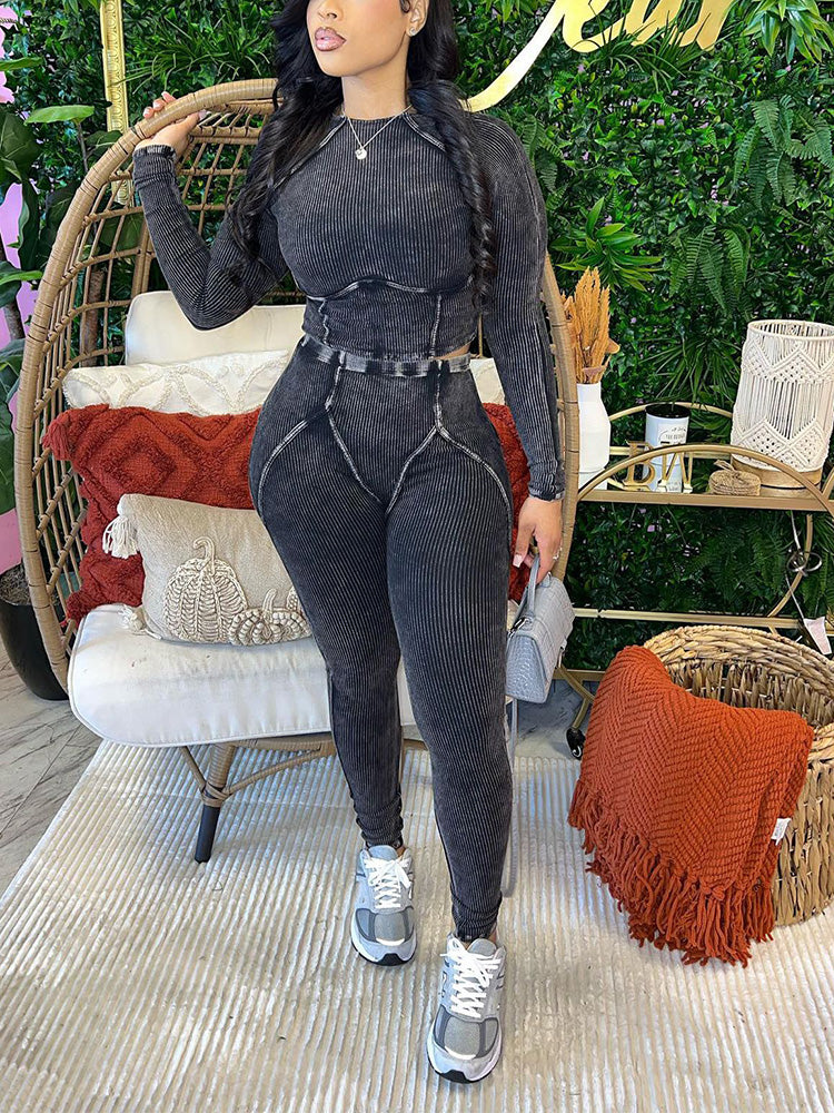 Ribbed Crop Top & Leggings Set Black / M