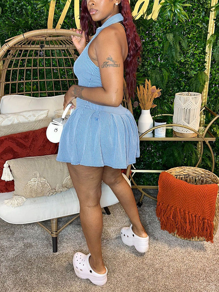 Button Halter Backless Skort Light Blue / M