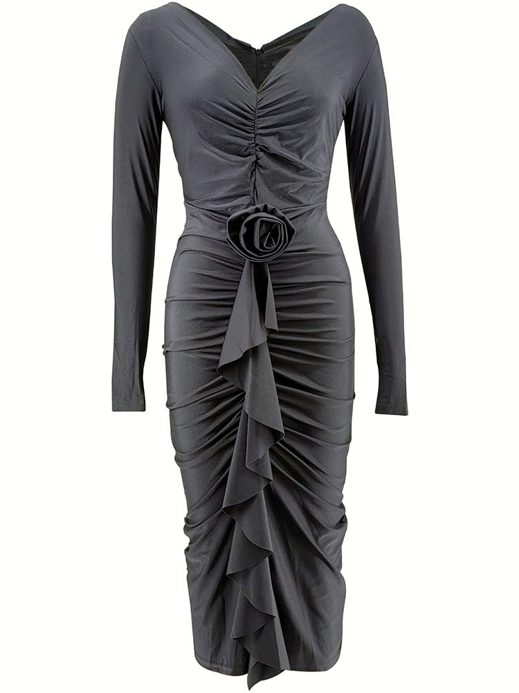 Ruched Rose Drape Dress *Black / M