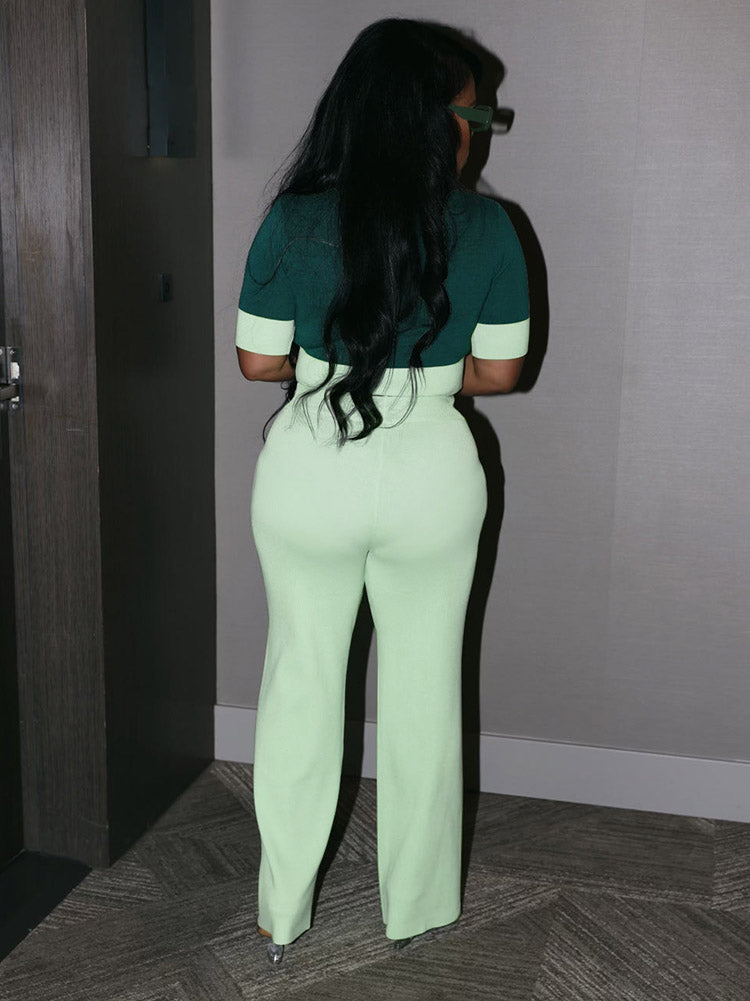 Contrast Crop Top & Pants Set Green / L