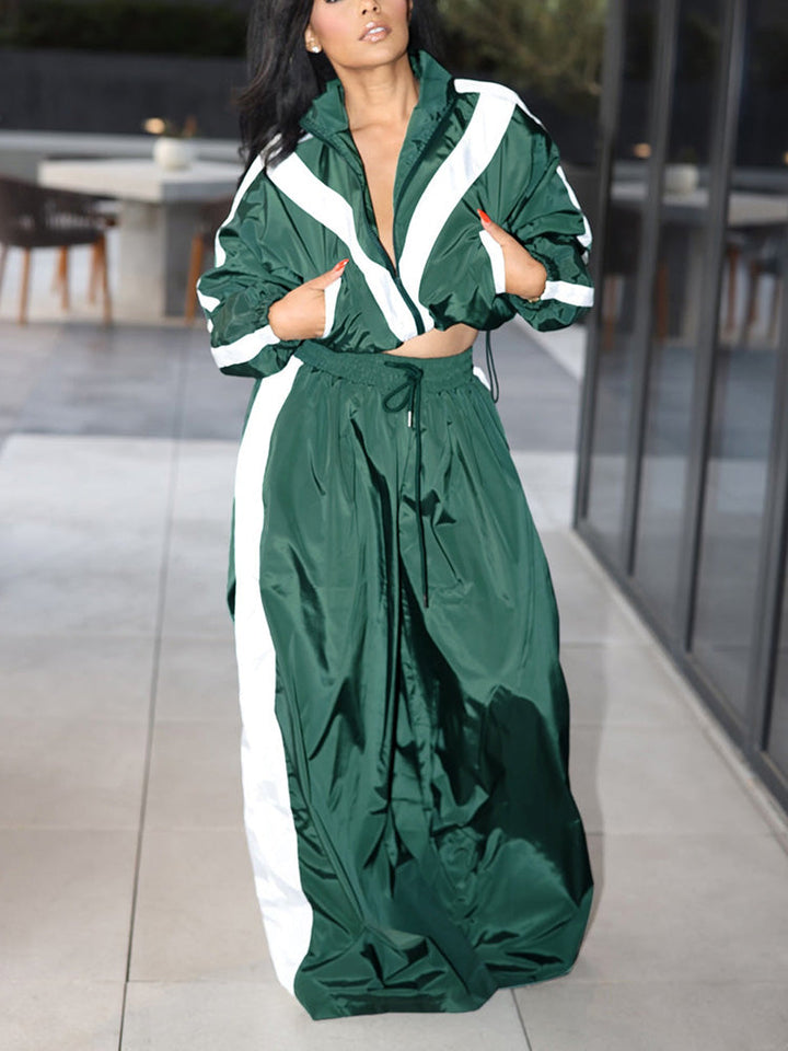 Sporty Crop Jacket & Wide Pants Set Green / M