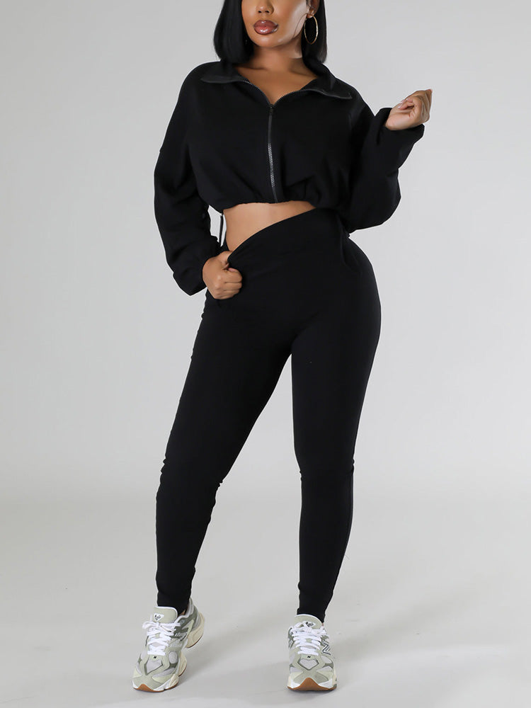 Zipper Crop Top & Leggings Set Apricot / S