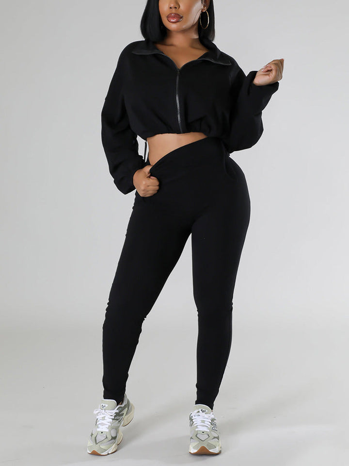 Zipper Crop Top & Leggings Set Apricot / S