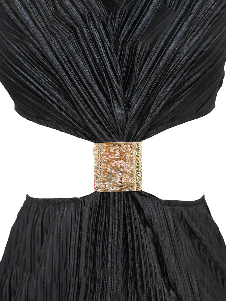 Halter Cutout Pleated Dress White / L