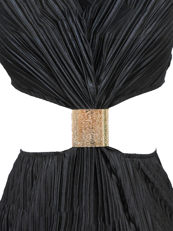 Halter Cutout Pleated Dress White / L