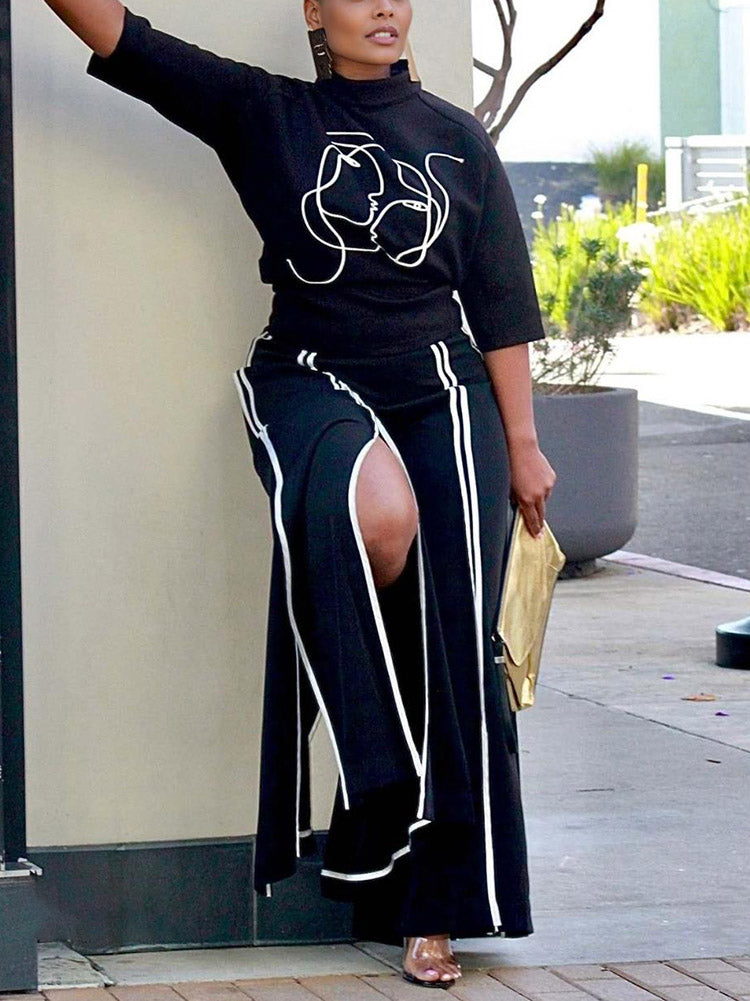 Abstract Printed Top & Split Pants Set Black / M