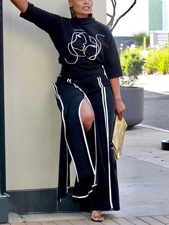 Abstract Printed Top & Split Pants Set Black / M