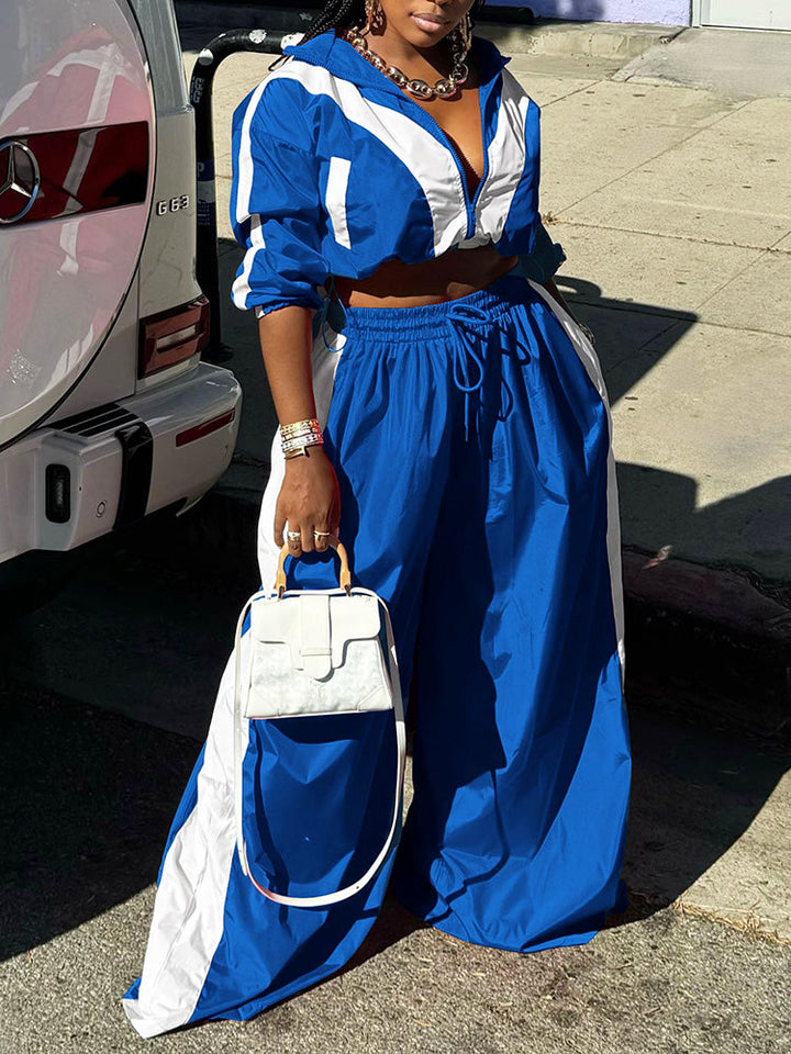 Sporty Crop Jacket & Wide Pants Set Blue / L