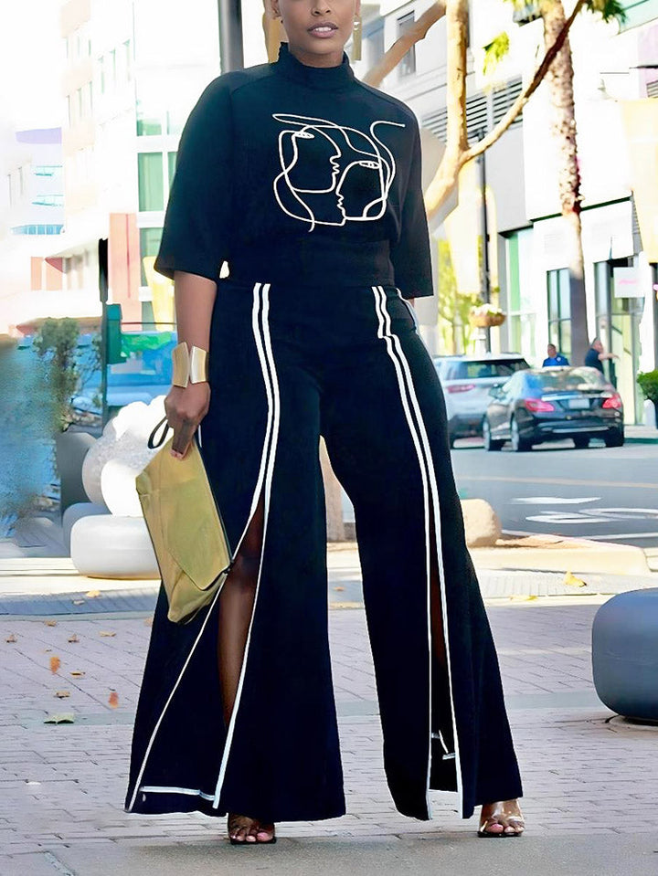 Abstract Printed Top & Split Pants Set Black / S