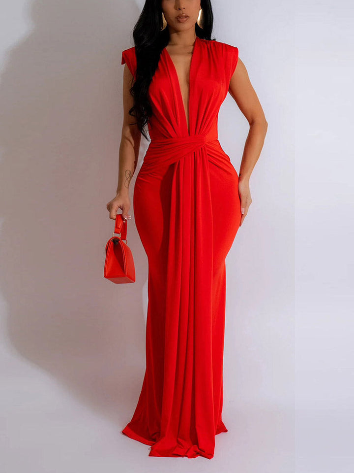 Elegant Plunge Draped Maxi Dress Red / 2XL