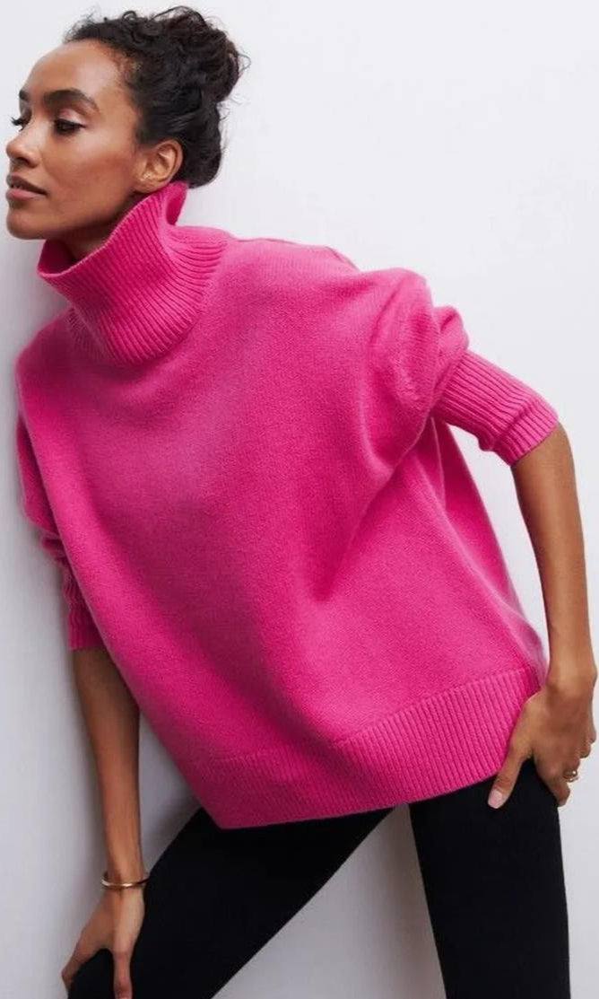 High-Neck Sweater Oversized Solid-Color Knit Cardigan