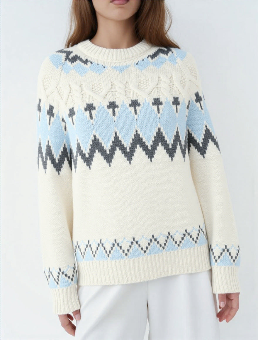 Jacquard Sweater with Loose-Fit Crew Neck