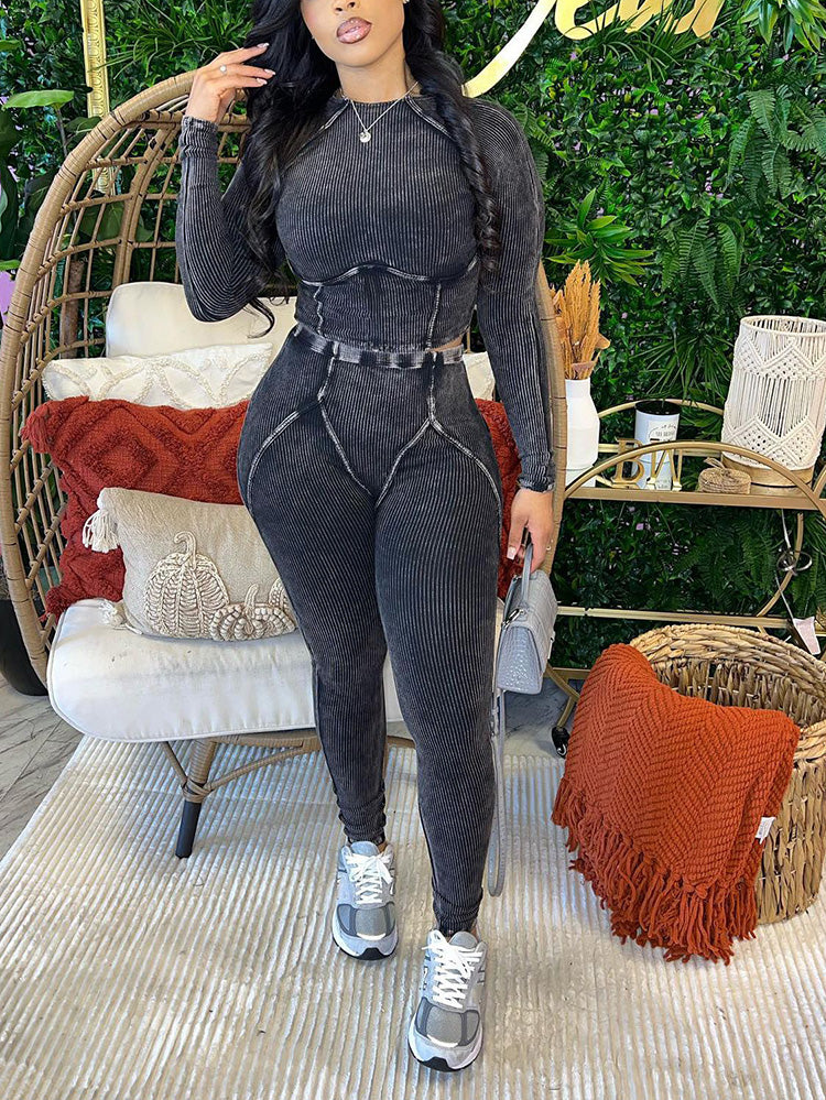 Ribbed Crop Top & Leggings Set Black / S