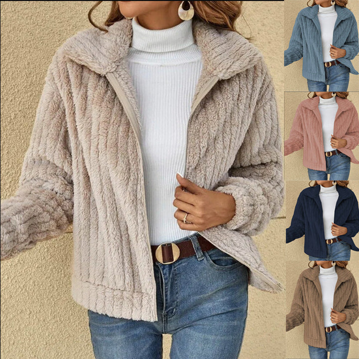Short-Length Fleece Cardigan with Lapel Collar