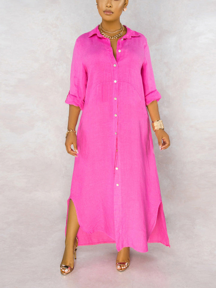 Button Down Loose Shirt Dress Fuchsia / S