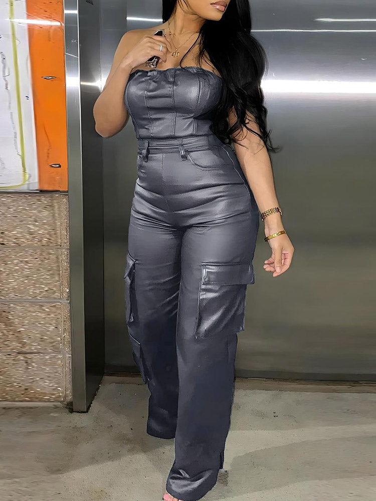 Leather Tube Cargo Jumpsuit Gray / L