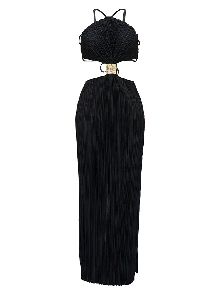 Halter Cutout Pleated Dress White / S