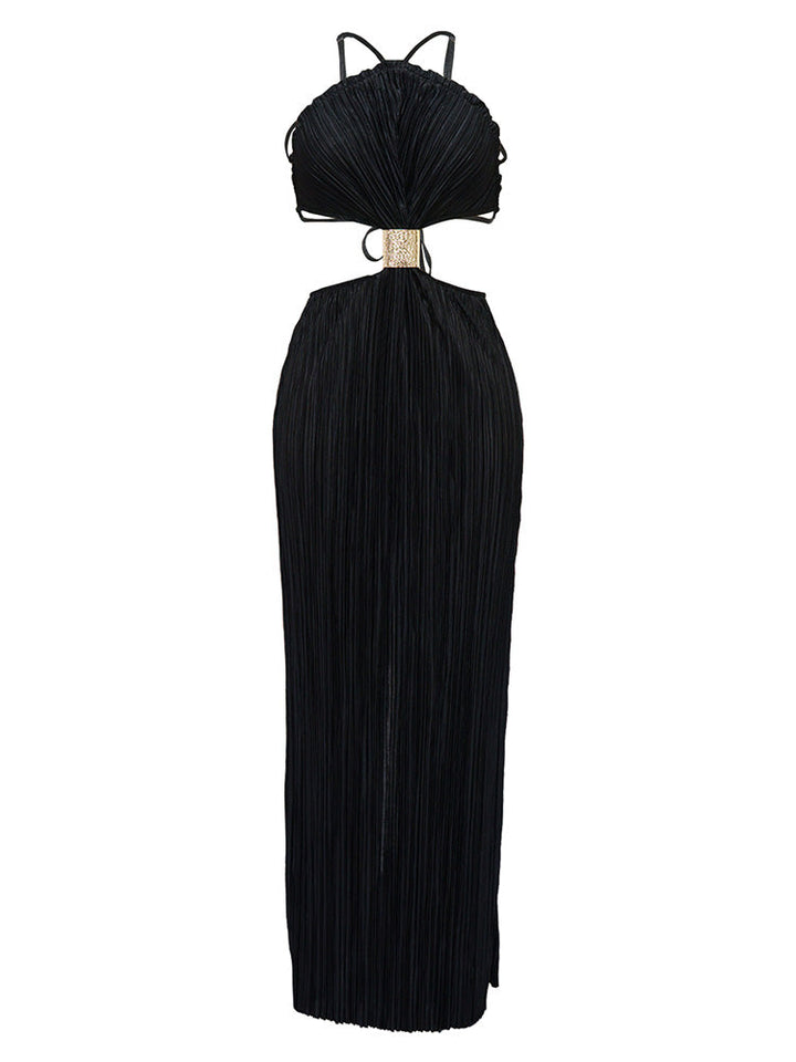 Halter Cutout Pleated Dress White / S